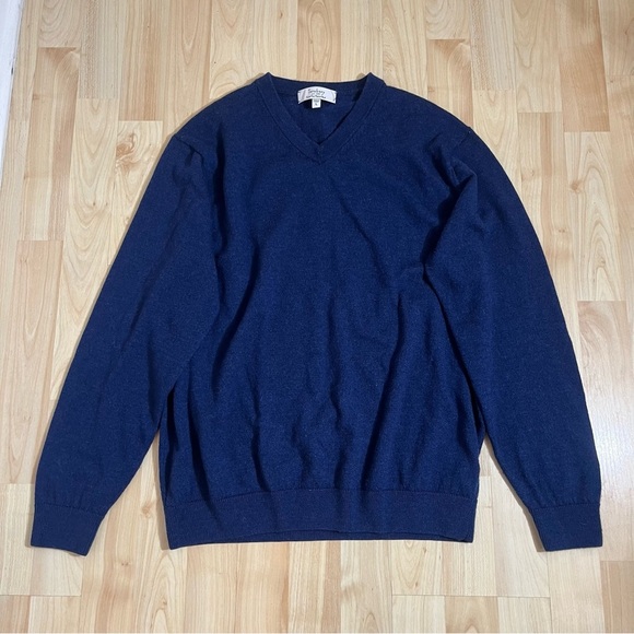 Turnbury Sweater Mens L Blue Extra Fine Merino Wool Classic V-Neck Long Sleeve - Picture 1 of 5